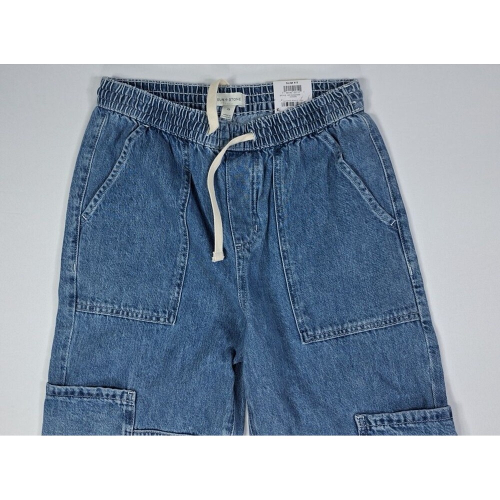 Sun + Stone Men 29 Slim Fit Denim Cargo Jeans Elastic Waist Drawstring Blue NWT - Picture 2 of 8